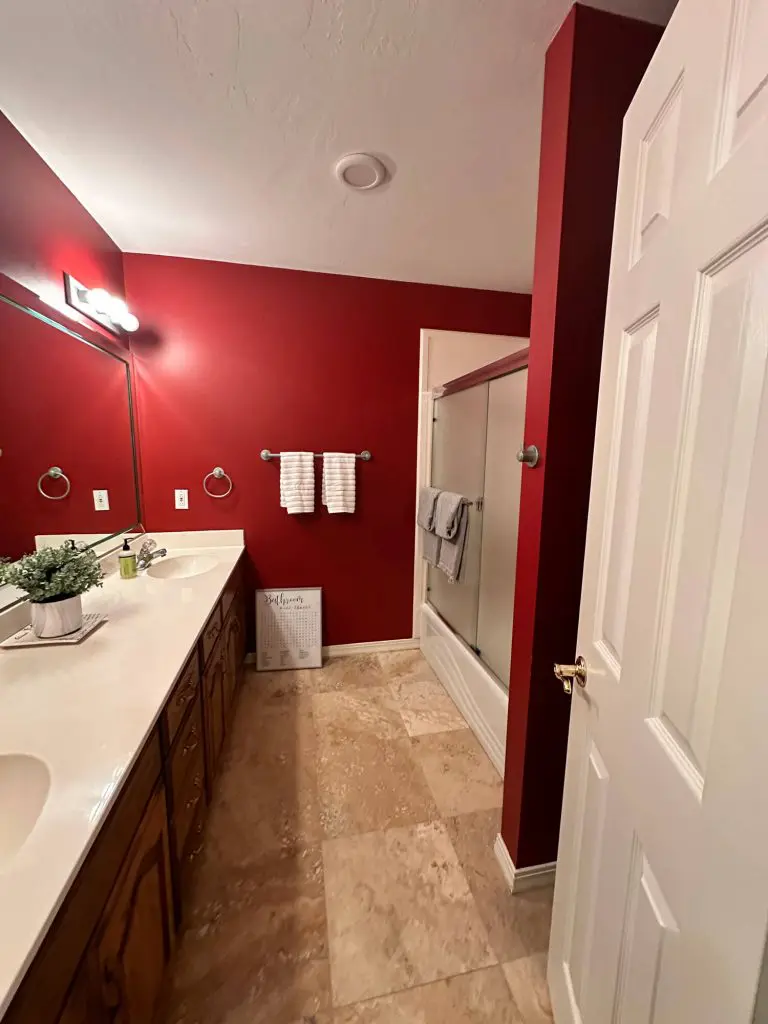 High-impact interior painting of a modern bathroom featuring a striking deep red accent wall and white vanity.